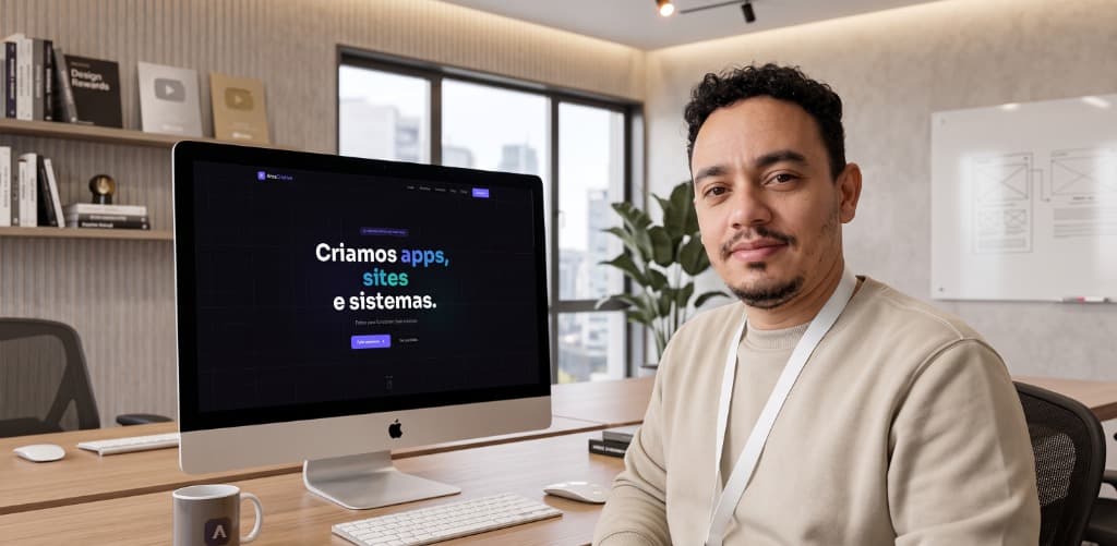 Fundador da Arca Criativa na secretária com iMac a mostrar o site